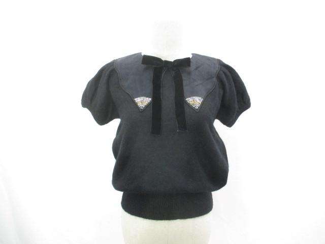 イヴサンローラン YSL 半袖ニット セーター リボンブローチ M 黒 ブラック レディース