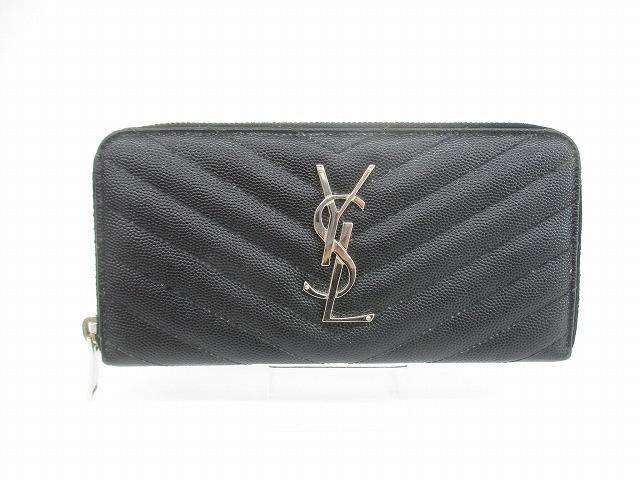 イヴサンローラン Yves Saint Laurent ラウンドジップウォレット Vステッチ 長財布 ブラック シルバー ユニセ