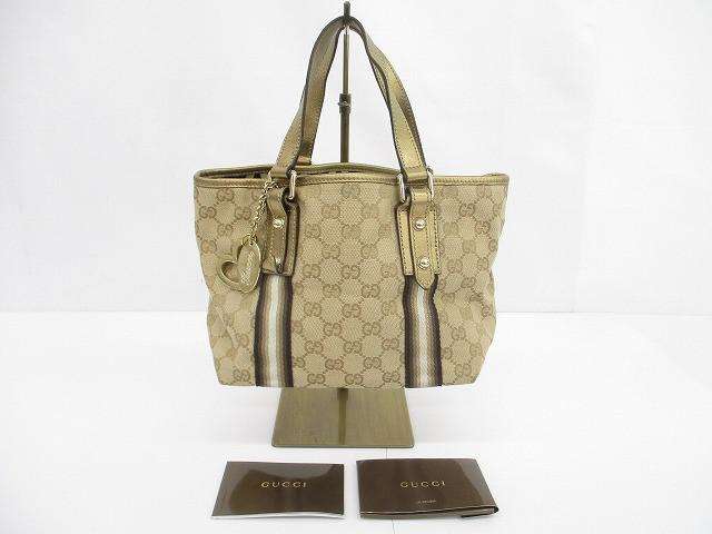 グッチ GUCCI GGキャンバス シェリーライン トートバッグ ハンドバッグ ハートチャーム メタリック レザー ベー